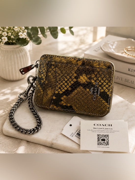 Coach Handbags - Coach Olive and Black Snake Zip Card Case Wallet New